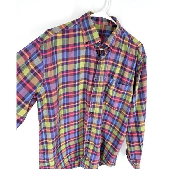 Alan Flusser Button Down Collar Shirt Mens Large Colorful Check Plaid L/S Pocket - Picture 2 of 7